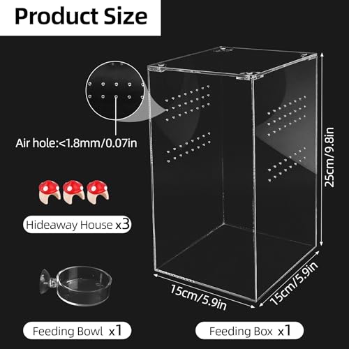 Jumping Spider Enclosure Kit with 3 Mushroom Hides 1 Feeding Dish- 10x6x6 Inch Acrylic Vertical Reptile Tank for Tarantulas, Mantis, Hermit Crabs & Small Pets (Clear)