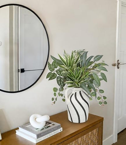 Artificial Greenery Arrangement with Cement Vase, Fake Potted Plants in Rustic Jug Planter, Faux Leaf Bouquet for Table Centerpiece, Farmhouse Home Decor, Dining Room, Living Room, Shelf Decoration