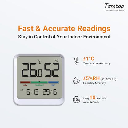 Temtop T1-SE Indoor Digital Thermometer Hygrometer with Magnet, 3M Sticker | Date Time Display, Wall Magnet Stand Mount for Home, Office, Nursery, Baby Room - size: T1-SE