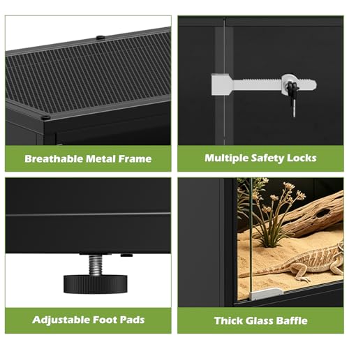 20 Gallon Reptile Tank Front Opening Reptile Terrarium Tank with Breathable Metal Screen Top Reptile Enclosure with Sliding Glass Door Safety Lock for Insects, Lizards, Geckos, Snakes, Small Animals