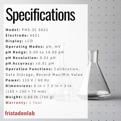 Fristaden Lab Benchtop pH Meter | 6621 Electrode | For semi-soft foods and fruits. High accuracy 0.01 pH. Calibration solutions included. USA company.