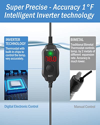 AquaMiracle Aquarium Heater 50W Fish Tank Heater for 5-10 Gal Tanks, LED Digital Display Thermostat Turtle Heater with Out-of-Water Auto Shut-Off, Overheat Protection & Memory Function - size: For 5-10 Gal Tank