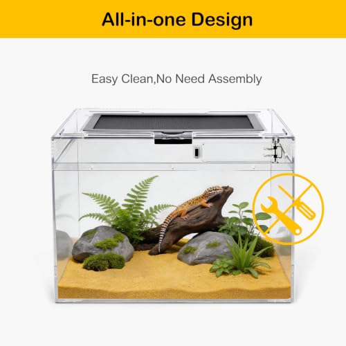 HELIME Reptile Tank 7 Piece Starter Kit with Escape Proof Locking Lid Large | All in One lizard Terrarium,Polycarbonate Leopard Gecko Enclosure Frogs Cage with Light,Hygrometer,Hide,Tweezer,Bowl,Sprayer - size: Large(15.6x8x10IN)