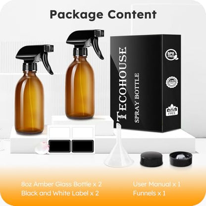 Tecohouse Glass Spray Bottles 8oz, 2 Pack Amber Glass Spray Bottles | Empty Glass Spray Bottles for cleaning, Plants, Pets, Hair, Durable Spray Nozzle, Fine Mist, Labels, Funnel, Pipettes - color: Amber