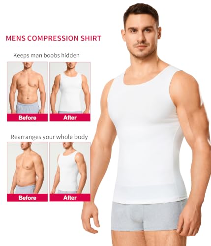 Gotoly Men's Compression Shirt Shapewear Slimming Body Shaper Vest | Man boobs slimming, double-layer tummy control, seamless round neck, invisible under fitted tees, 4-way stretch fabric - color: White, size: X-Large