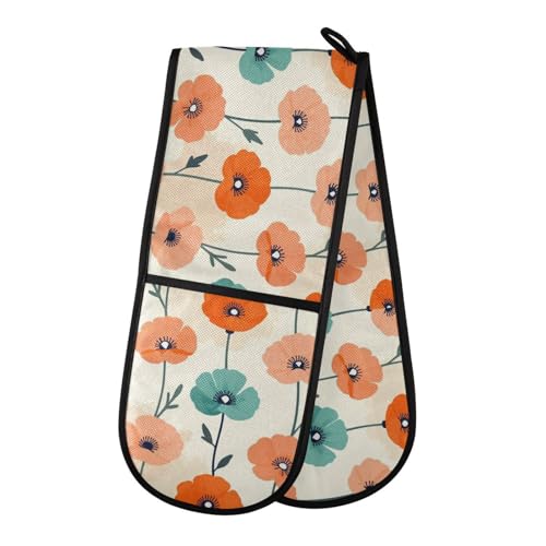 Dual-functionality Mitts and Pot Holders Sets High Heat Resistant Pot Holder Gloves Kitchen Aid BBQ (Minimal Poppy Boho Flower) - color: Minimal Poppy Boho Flower