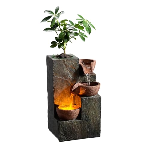 Tabletop Water Fountain – 3-Tier Rock Indoor Waterfall Fountain | Warm LED Light and DIY Planting Pot – Relaxing Small Water Feature for Desk or Home Decor - color: 3-bowl Rock