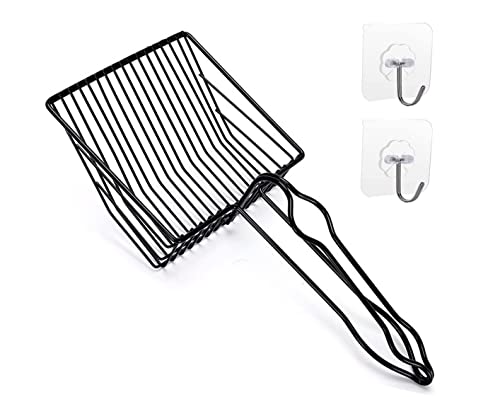QUALIALL Metal Cat Litter Scoop, Fast Kitty Box Pooper Scooper with Holder, Deep Large Shovel, Upgraded with Flat Head and a Comfy Thumb Hole in Long Handle