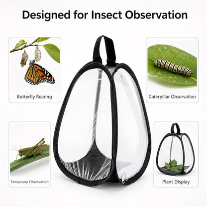 Kingrol 2 Pack Collapsible Insect & Butterfly Habitat Cage, Pop-Up Mesh Butterfly Rearing Enclosure with Clear Viewing Window, Zipper Access & Polyester Base, 7.75 x 7.75 x 11 Inch