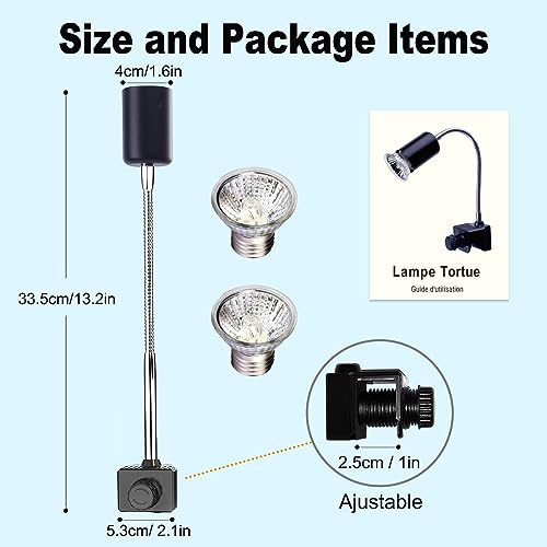 Reptile Heat Lamp, UVA UVB Light for Aquarium Turtle Tank, with 2 * 50w Basking Bulb and 360° Swivel Clamp Stand for Tortoise, Snake, Frog, Lizard, Cockatoo, Chameleon. Halogen, Yellow Light - color: Lamp Holder B+2 Bulbs