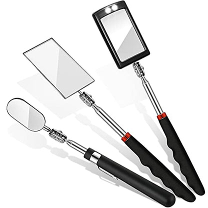 3 Pieces Telescoping Inspection Mirror Round Square Mirror Inspection Tool for Checking Vehicle, Observing Eyelashes Mouth and Other Small Parts(Extended, with Light, Oval Style) - style: Extended, With Light, Oval
