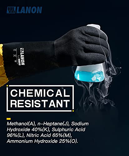 LANON Nitrile Chemical Resistant Gloves with Cotton Liner,Black,Large | Heavy-Duty,Cleaning,Dishwashing,Waterproof,Breathable,Latex Free,Durable,Non-Slip,Acid,Solvent,Alkali & Oil Protection - size: Large (Pack of 1)