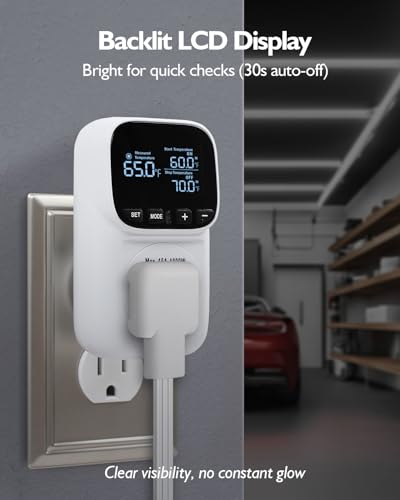 Digital Temperature Controller, Heating Cooling Thermostat Outlet | –40℉~210℉, Heavy Duty 15A 1800W Plug in Thermostat with LCD Display, Temperature Controlled Outlet for Homebrew Greenhouse - style: White
