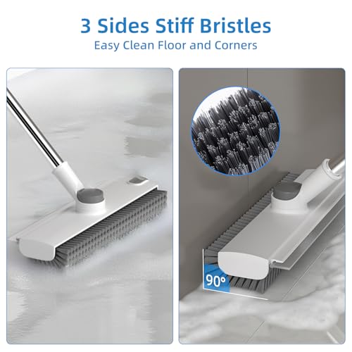 Floor Scrub Brush with Long Handle, 3 in 1 Scrape and Heavy-Duty Stiff Bristle Floor Scrubber Brush Broom with Squeegee and Tweezer for Cleaning White - color: White