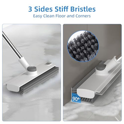 Floor Scrub Brush with Long Handle, 3 in 1 Scrape and Heavy-Duty Stiff Bristle Floor Scrubber Brush Broom with Squeegee and Tweezer for Cleaning White - color: White