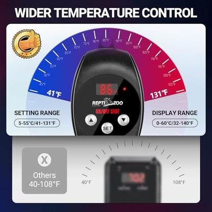 REPTI ZOO Reptile Thermostat Wide Range Temperature Controller Reptile Heat Pad Digital Thermostat Waterproof Seedling Heat Mat Thermostat for Turtles, Lizards, Frogs, Hermit Crabs, Snakes, Plants