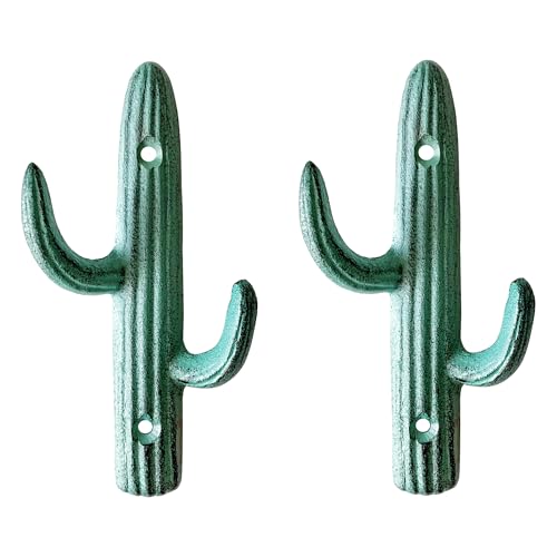 Rustic Cactus-Shaped Decorative Wall Hook Rack Hangers for Hanging Clothes, Coats, Towels, Keys, and Hats, 2-Pack Antique Cast Iron Mounted Wall Hooks - color: Blue Cactus