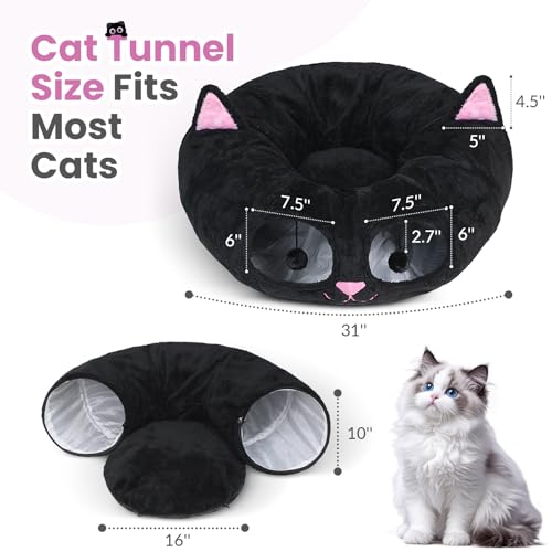 Baseola Fuzzy Cat Tunnel Bed for Indoor Cats, 2-in-1 Interactive Cat Toys | Peekaboo Cat Cave with Washable Mat, Collapsible Cat Play Tunnel for Kittens & Small Pets, Cat Donut Bed Tunnel, Black Pink - color: Black Pink