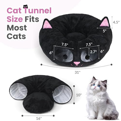 Baseola Fuzzy Cat Tunnel Bed for Indoor Cats, 2-in-1 Interactive Cat Toys | Peekaboo Cat Cave with Washable Mat, Collapsible Cat Play Tunnel for Kittens & Small Pets, Cat Donut Bed Tunnel, Black Pink - color: Black Pink