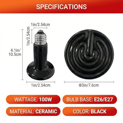 2 Pcs 100W Reptile Heat Lamp Ceramic Emitter, No Light Emitted 24Hr Heat Bulb for Reptiles & Amphibians, Safe Durable Ceramic Heating Lamp for Chicken Coop Dog Cat Pet Brooder, 110V Black - color: Black 110v 100w