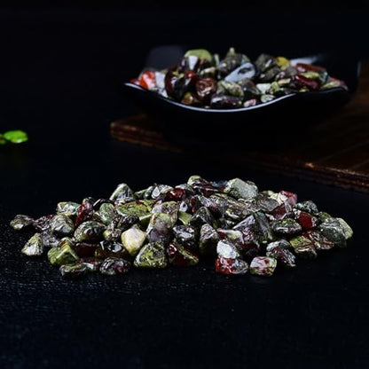 Erliway 7-9mm Dragon Bloodstone Healing Crystal Chips for Crafts, 100g | Natural Crushed Crystal Stones Tumbled Chips for Vase Filler Aquarium Gravel, Meditation Chakra Balancing, Candle DIY Making - color: Dragon Bloodstone