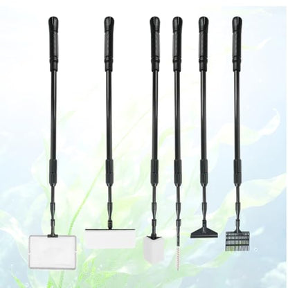 RUKANG Fish Tank Cleaner, 6 in 1 Aquarium Cleaning Tools Kit with 23~34 Inches Adjustable Long Handle Replaceable Blade Silicone Strip Algae Scraper Scrubber Brushes Set