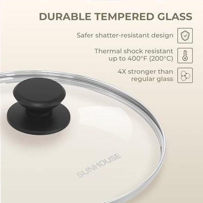SUNHOUSE 9.5 Inch Pan Lid, Tempered Glass Lid with Heat-Resistant Knob | Clear Replacement Cover for Frying Pans, Pots, Cast Iron Skillet - Stainless Steel Rim - Dishwasher & Oven Safe to 400F - size: 9.5 inch