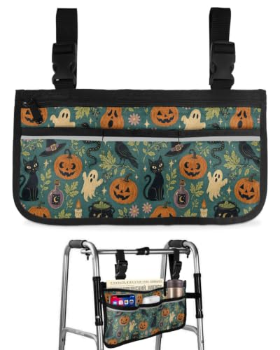 Halloween Wheelchair Bag with Cup Holder Walker Bag with Reflective Stripes for Seniors Wheel Chair Accessories Orange Scary Pumpkin Ghosts Birds Snake Cats Wheelchair Side Bags for Rollator