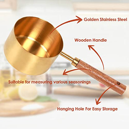 Collection 8 Piece Gold Measuring Cups Set and Measuring Spoons, Golden With fragrant wood Handles-Complete Set of Measure Cups and Spoons For Cooking and Baking.… - color: Gold