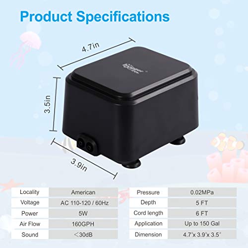 hygger Quiet <30dB Aquarium Air Pump, Adjustable Low Decibel Oxygen Fish Tank Pump 2 Air Outlets Ultra Silent Powerful Aerator Pump with Accessories Max 80GPH/160GPH/255GPH(5W, Up to 150Gallon) - size: 5W, Up to 150Gallon