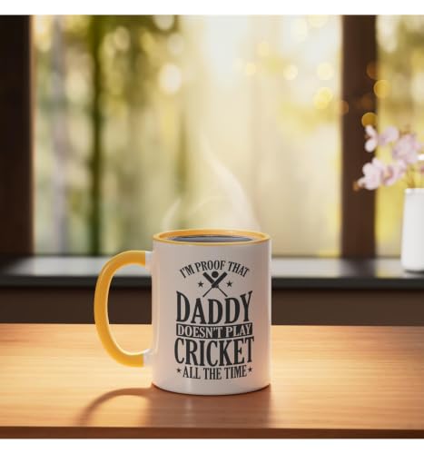 Daddy doesn't play Cricket all the Time Ceramic Mug, Yellow/White, 11oz - color: Yellow/White, size: 11 Ounces