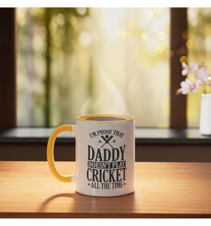 Daddy doesn't play Cricket all the Time Ceramic Mug, Yellow/White, 11oz - color: Yellow/White, size: 11 Ounces