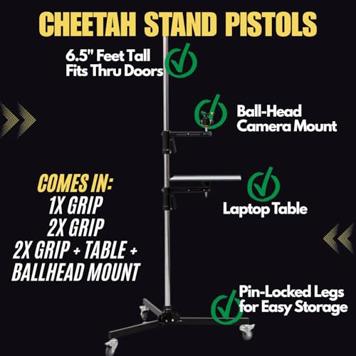Cheetah Stand Pistol Grip Light Stand with Castors with Sliding Arm & Chrome Plated. Max Weight of 15lbs & 6.5 Max Height.