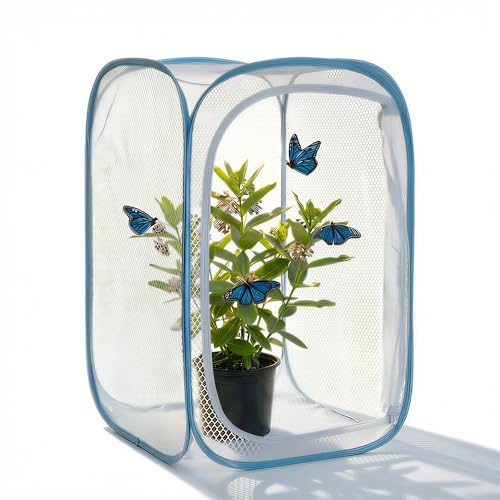 Insect & Butterfly Habitat Cage, Portable Pop-Up Terrarium with Mesh Sides, Bug Catching & Observation Enclosure for Caterpillars, Small Insects, Outdoor & Classroom Use, 24 Inches Tall - color: White/Blue, size: 24 × 16 × 16 inches