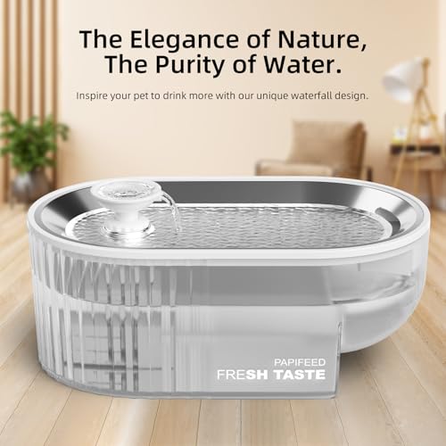 PAPIFEED Cat Water Fountain Stainless Steel, 84oz/2.5L Automatic Cat Water Fountain with Visible Water Level, Ultra Quiet Low Power Cat Water Bowl & Cat Water Dispenser (White) - color: White