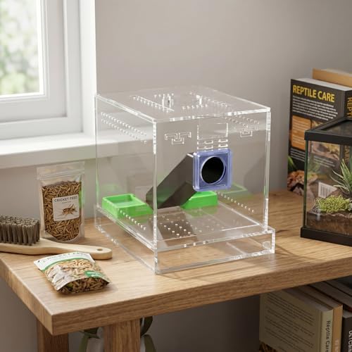 GLOGLOW Cricket Care Kit, with Feces Layer Acrylic Feeding Cricket Keeper with a Food Feeding Tub Care Kit Reptile Tank Box for Observation of Breeding