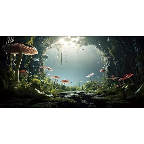 AWERT 24x12 inches Aquarium Background Foggy Stone Mushroom Moss Terrarium Background Polyester Green Plants Cave Fish Tank Background | AWERT Green Plant Stone Cave Polyester Terrarium Background - size: 24x12in/60x30cm