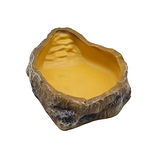 Reptile Water Dish, Resin Rock Food Feeder Bowl, M, Yellow | For Leopard Gecko, Lizard, Spider, Turtle, Scorpion, Chameleon, Hermit Crabs| Terrarium Decor | Realistic Natural Rock - color: Yellow, size: M