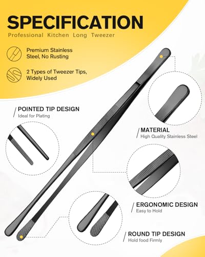 2 Pcs 10-Inch Kitchen Tweezers Fine Tweezer Tongs, Stainless Steel Professional Long Cooking Tweezers for BBQ, Sea Food, Repairing and Serving (BLACK) - color: Black, size: 10 IN