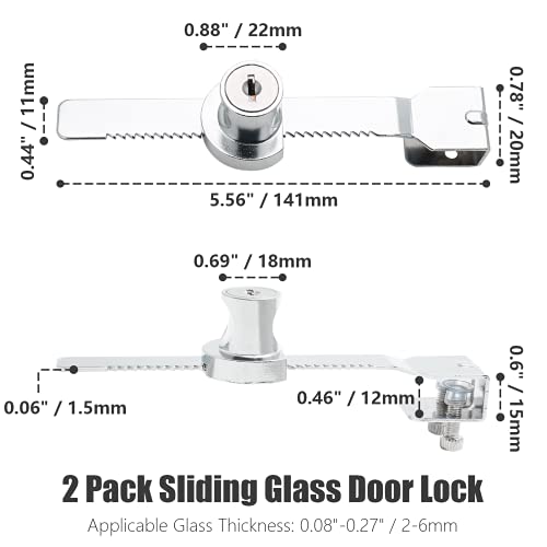2 Pack Sliding Glass Door Lock, Keyed Alike Showcase Display Case | Zinc Alloy Chrome-Plated, Fits 2-6mm Glass, 4 Keys Included, For Terrarium Vivarium Retail Cabinet - size: 5.56 inch / 141mm