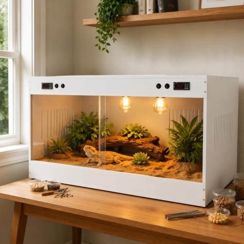 Reptile Tank PVC Enclosure with Dual-Zone Temp Control, White | Reptile Tank PVC Terrarium with Viewing Window, Ventilation Grilles, E27 Lamp Support, for Bearded Dragon Snake Turtle Gecko