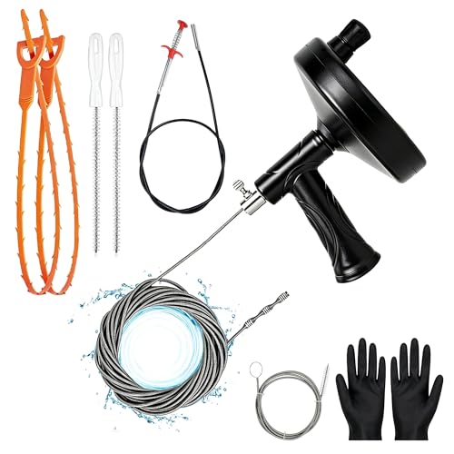 33 FT Drain Snake Auger, Heavy Duty Plumbing Snake for Sink, Tub and Shower | Flexible Hair Clog Remover Kit with Gloves | Manual Drain Cleaning Tool for Bathroom and Kitchen (8-Piece Set)