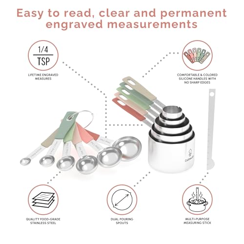 Measuring Cups and Measuring Spoons Set of 14 - Stainless Steel Measuring Cups and Spoons Set, Includes 1/8 Teaspoon Measuring Spoon, 1/8 Cup Measuring Cup, Leveler Dry (14, Country Chic) - color: Country Chic