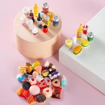 50 Pcs Miniature Food Drink Bottles Soda Pop Cans Pretend Play Kitchen Game Party Accessories Toys Hamburg Cake Ice Cream for 1/12 Doll House (25Food+25Drink) - style: 50 PLAY FOOD