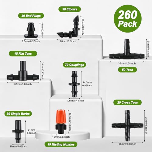 RedChili 260 Pack Drip Irrigation Fittings Kit for 1/4" Tubing, Complete Set with Drip System Barbed Connectors (Misting Nozzles, Nozzle Tees, Single Barbs, Couplings, Tees, Elbows, Plugs, Crosses) - size: 1/4" Connection Kit-260P