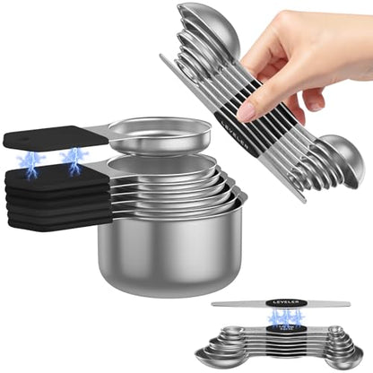 Magnetic Measuring Cups and Spoons Set – 304 Stainless Steel | Dual-Sided Markings | Space-Saving Kitchen Organizer | N52 Magnetic Nesting | 15-Piece with Leveler | Baking & Gift (Black) - color: Magnetic Measuring Cups and Spoons Set - Black