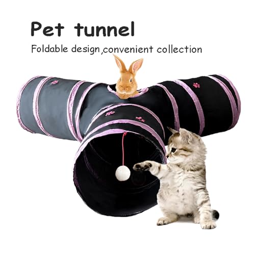 3-Way Collapsible Cat Tunnel Tube Toy Black Pink Paws | Interactive Play Tunnel by Hanging Ball & Peek Hole for Indoor Cats, Kittens, Puppies, Rabbits, Hours of Fun & Exercise - color: Black with Pink Paws