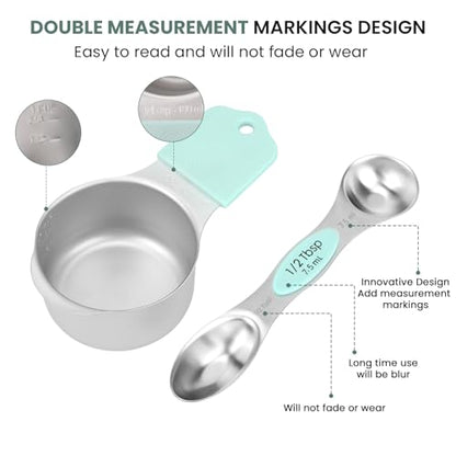 HOUJIP Magnetic Measuring Cups and Spoons Set-304 Stainless Steel,Mint | Double Measurement Markings,BPA-Free,Set of 16 with Leveler for Measuring Dry and Liquid Ingredients - color: Mint