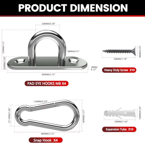 304 Stainless Steel Pad Eye Snap Hook,M8 Ceiling Hook 1200Lb,8Pcs | Hanging Kit with Screws for Hammock Chair Swing, Yoga Gym Equipment, Sun Shade Sail, Plant Hangers & Marine Boat Hardware - size: 3.15 inch, style: Oval