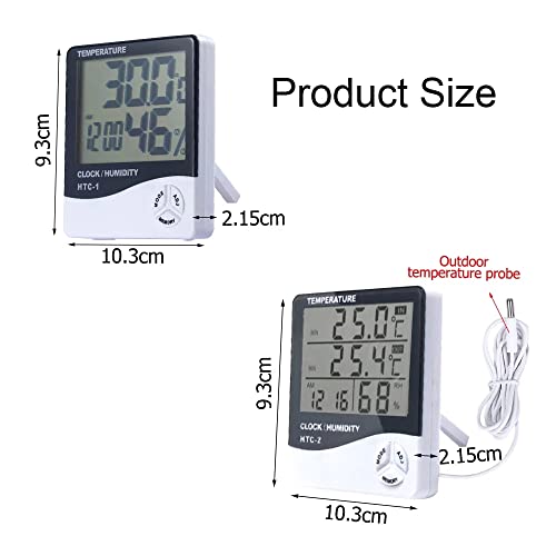 Temperature Humidity Meter,LCD Electronic Digital Outdoor/Indoor Thermometer Hygrometer with Clock Time Humidity Monitor for Home,Bedroom,Pet,Reptile,Plant,Greenhouse,Basement,Guitar (HTC-2)